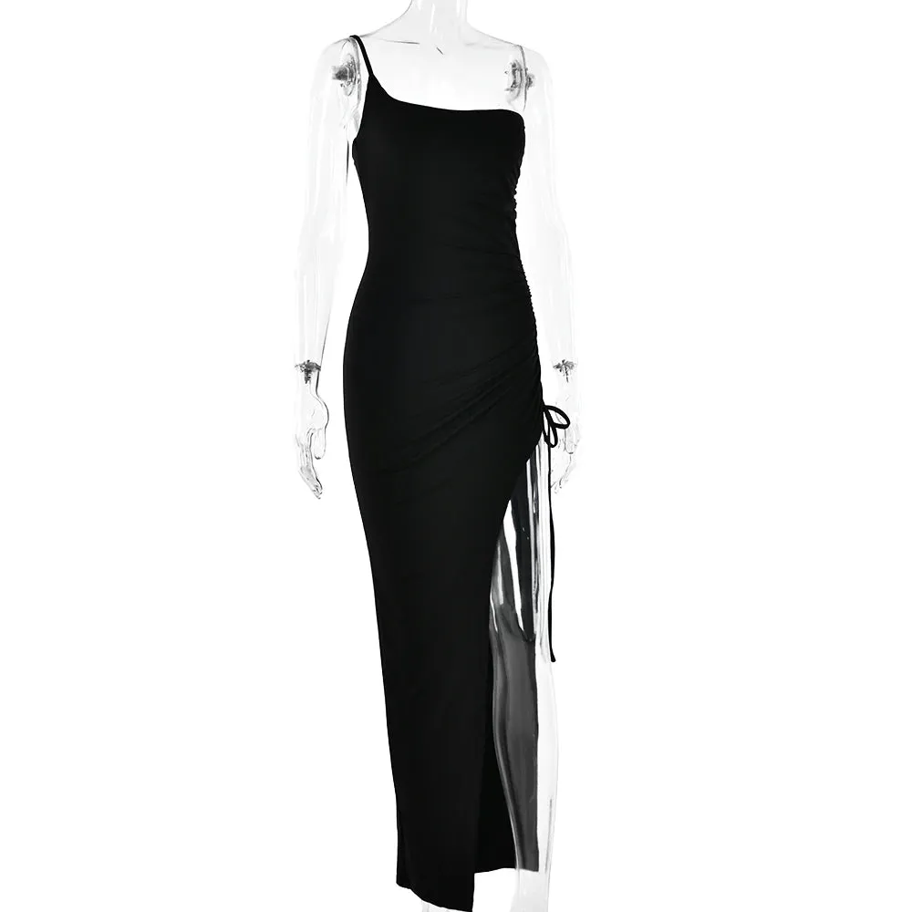 Artifact Drawstring High Slit One Shoulder Slim Bodycon Maxi Dress