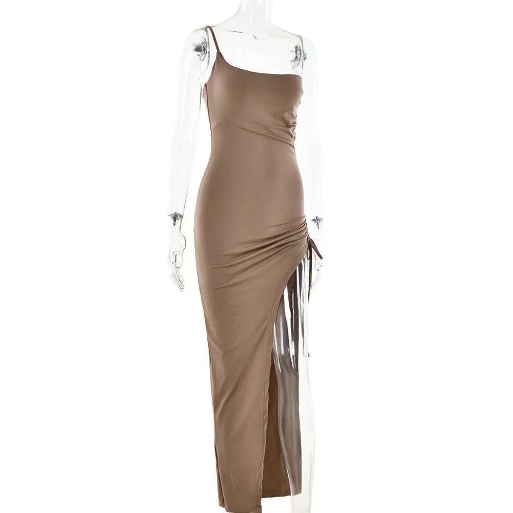 Artifact Drawstring High Slit One Shoulder Slim Bodycon Maxi Dress