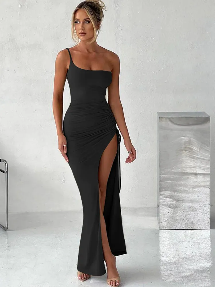 Artifact Drawstring High Slit One Shoulder Slim Bodycon Maxi Dress