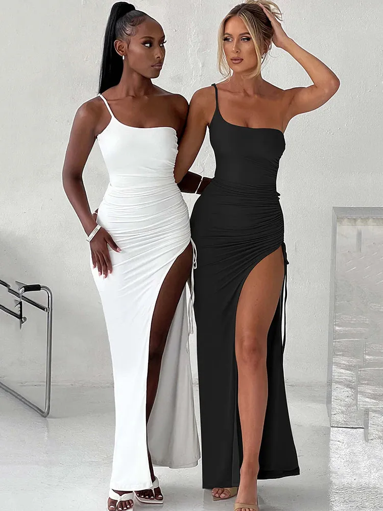 Artifact Drawstring High Slit One Shoulder Slim Bodycon Maxi Dress