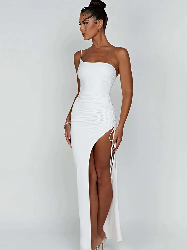 Artifact Drawstring High Slit One Shoulder Slim Bodycon Maxi Dress