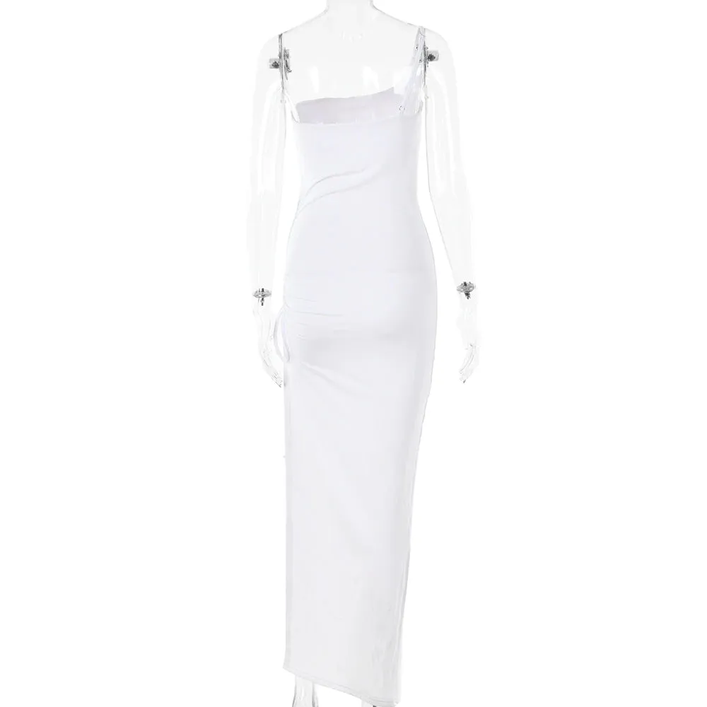 Artifact Drawstring High Slit One Shoulder Slim Bodycon Maxi Dress