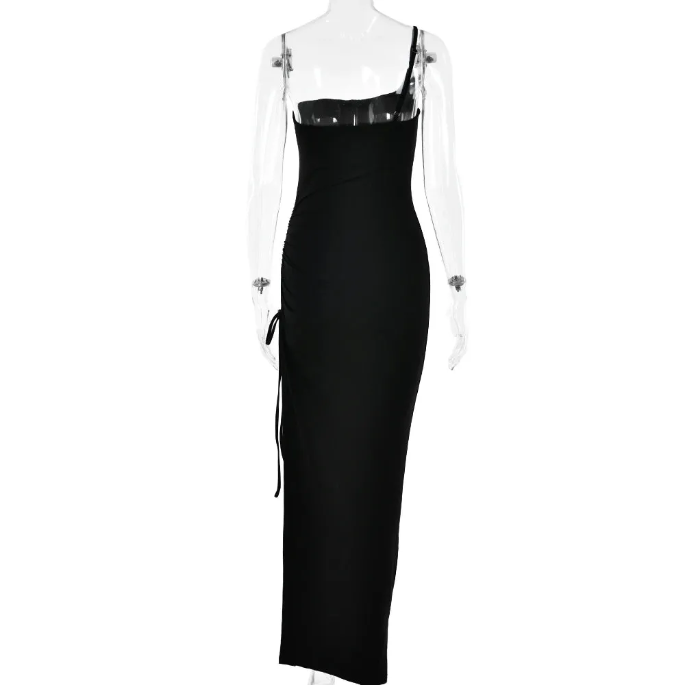 Artifact Drawstring High Slit One Shoulder Slim Bodycon Maxi Dress