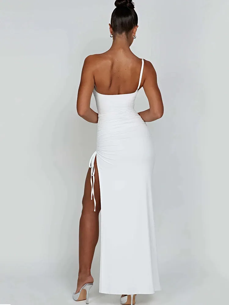 Artifact Drawstring High Slit One Shoulder Slim Bodycon Maxi Dress