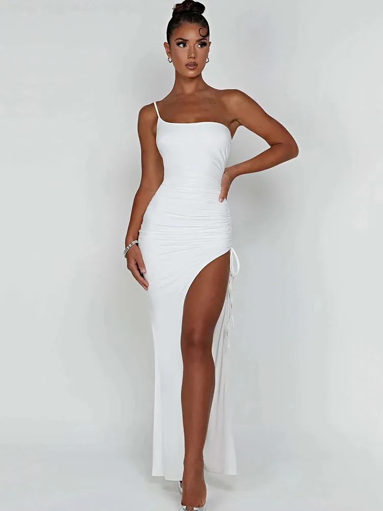 Artifact Drawstring High Slit One Shoulder Slim Bodycon Maxi Dress