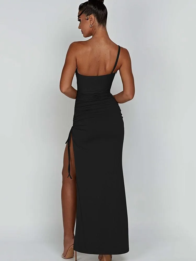 Artifact Drawstring High Slit One Shoulder Slim Bodycon Maxi Dress