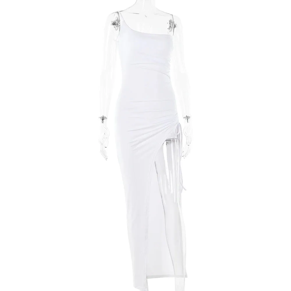 Artifact Drawstring High Slit One Shoulder Slim Bodycon Maxi Dress