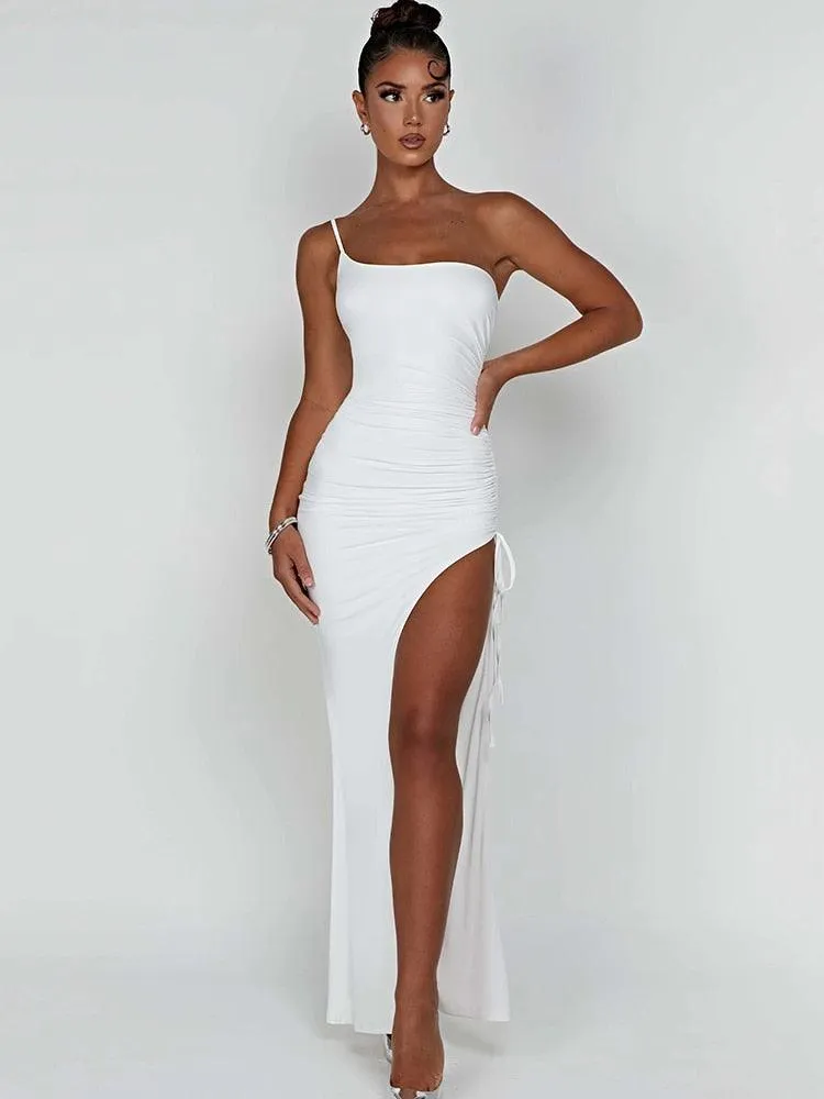 Artifact Drawstring High Slit One Shoulder Slim Bodycon Maxi Dress
