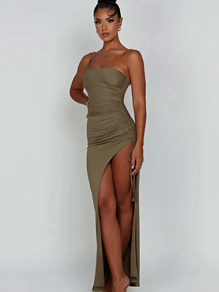 Artifact Drawstring High Slit One Shoulder Slim Bodycon Maxi Dress
