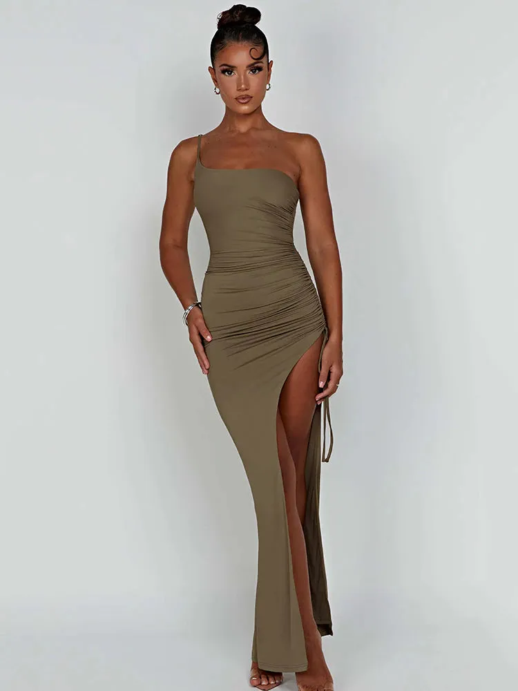 Artifact Drawstring High Slit One Shoulder Slim Bodycon Maxi Dress