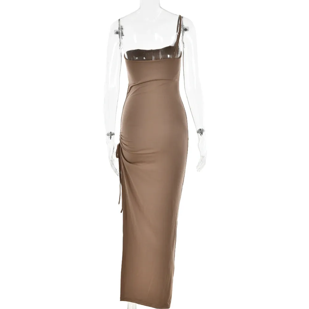 Artifact Drawstring High Slit One Shoulder Slim Bodycon Maxi Dress