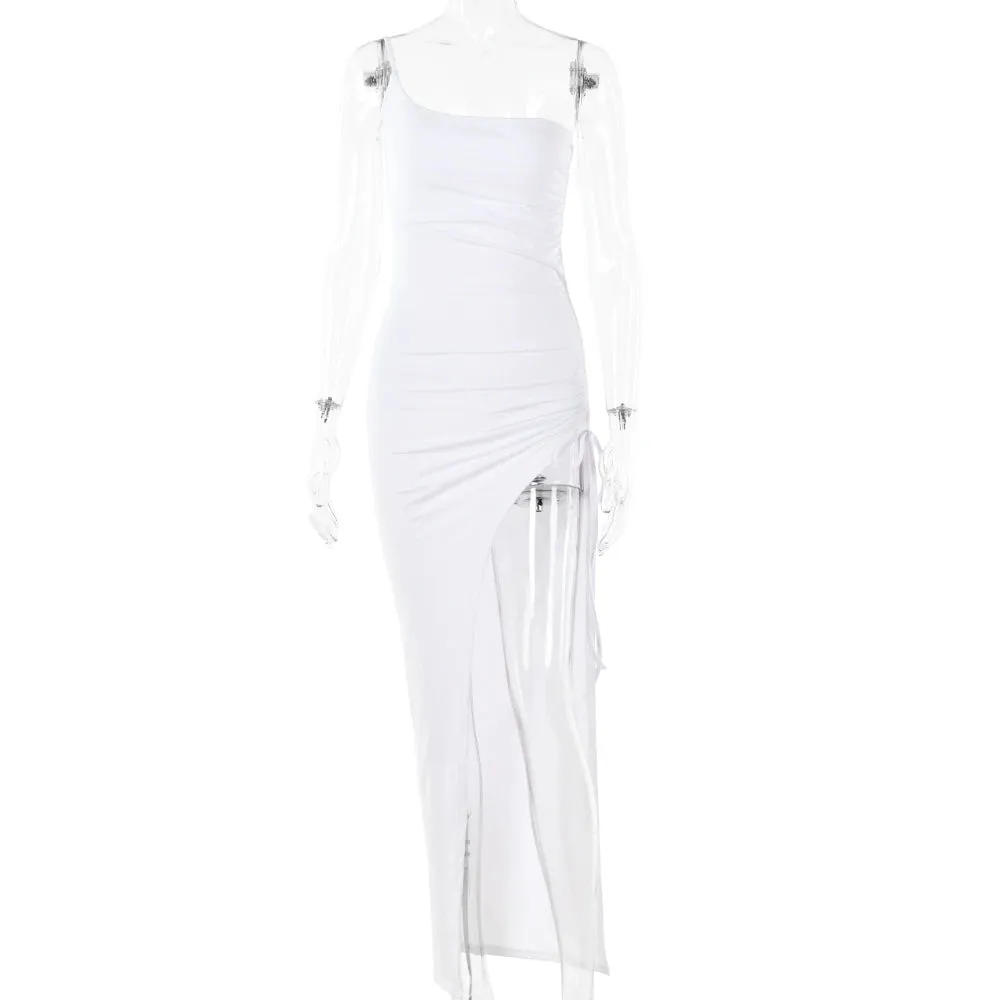 Artifact Drawstring High Slit One Shoulder Slim Bodycon Maxi Dress