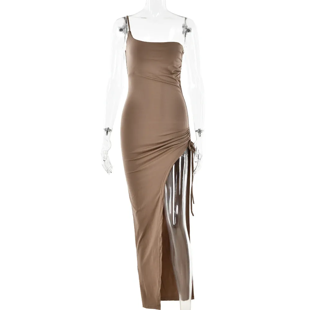 Artifact Drawstring High Slit One Shoulder Slim Bodycon Maxi Dress