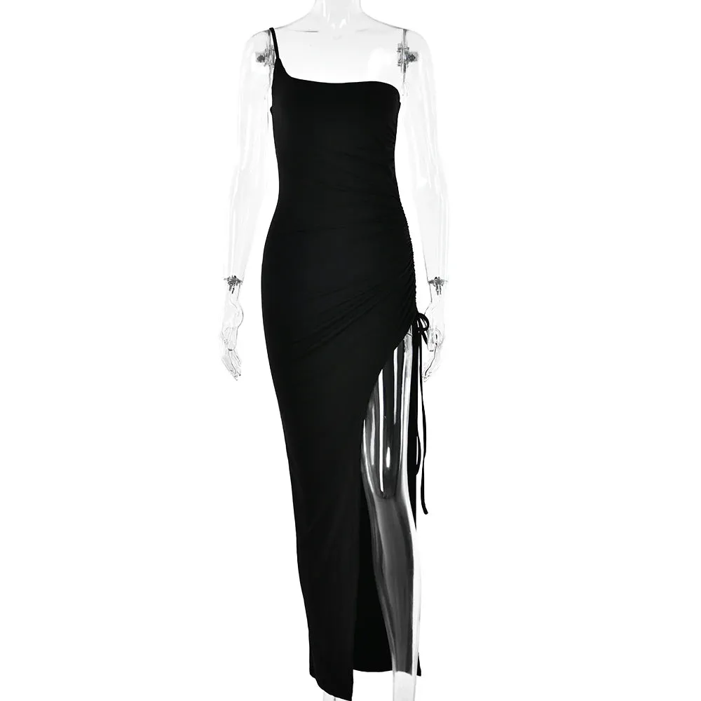Artifact Drawstring High Slit One Shoulder Slim Bodycon Maxi Dress