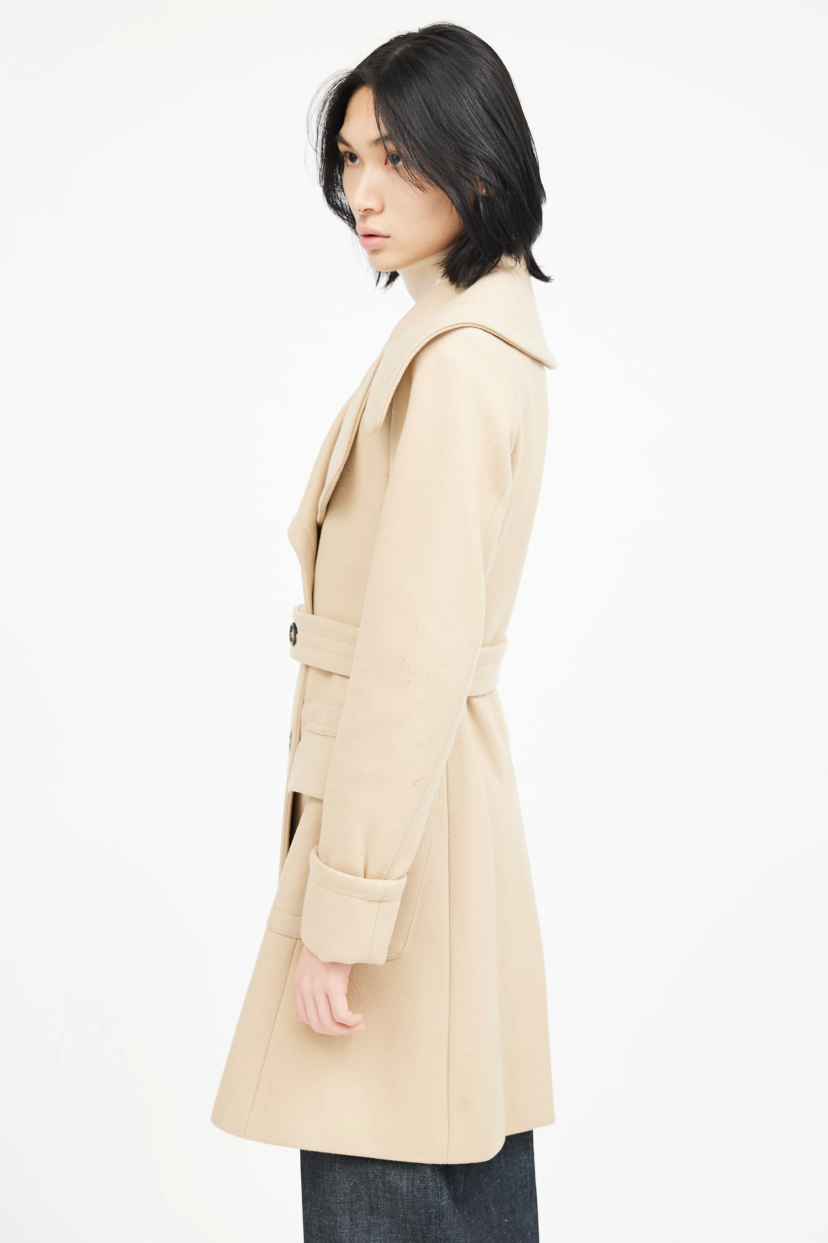 Beige Wool Belted Double Breasted Coat