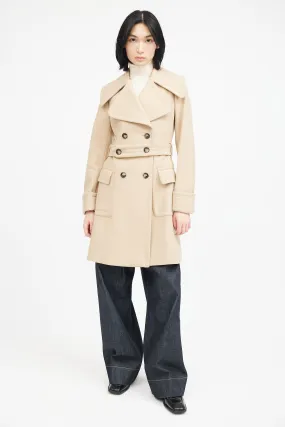 Beige Wool Belted Double Breasted Coat