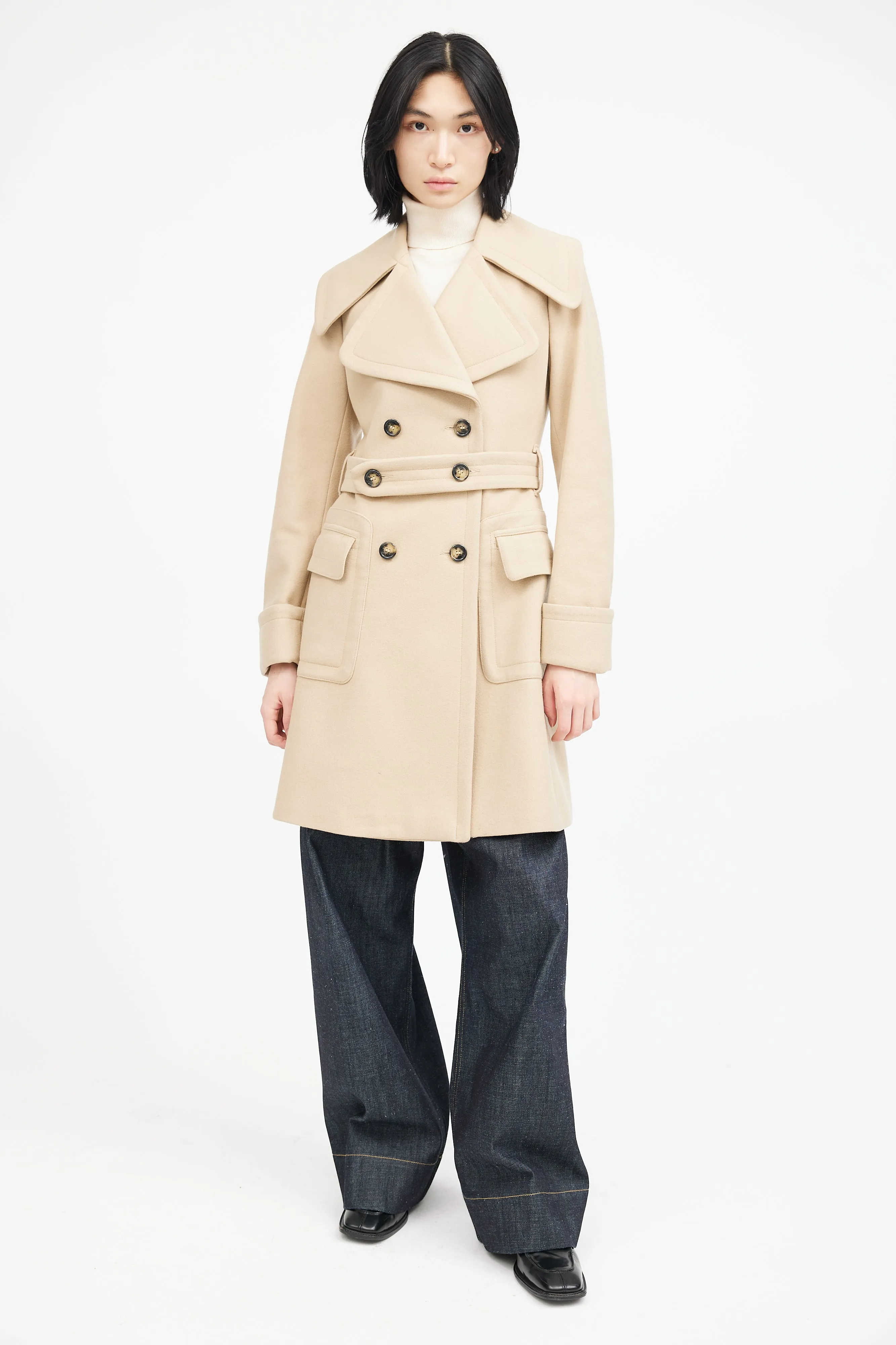 Beige Wool Belted Double Breasted Coat