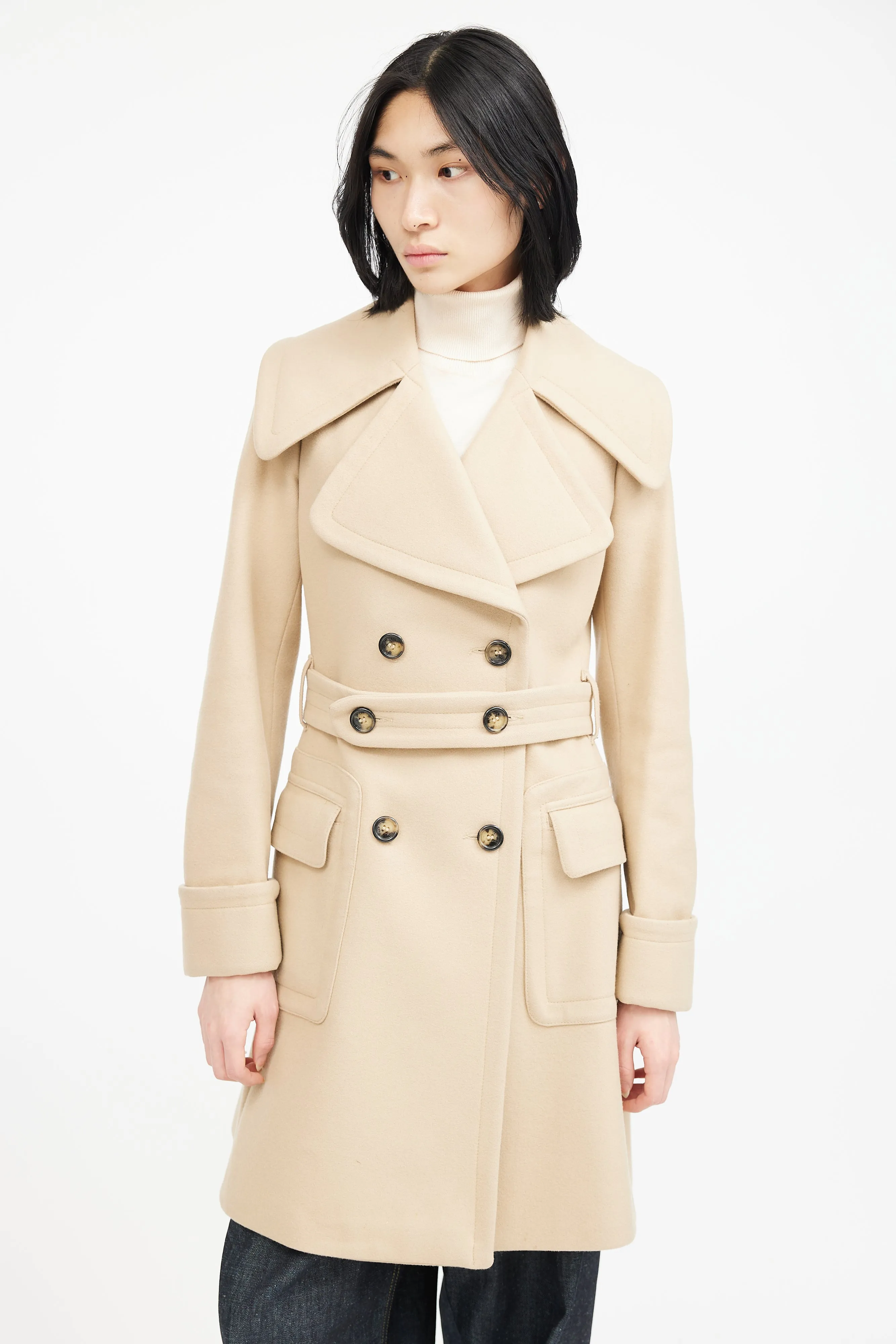 Beige Wool Belted Double Breasted Coat