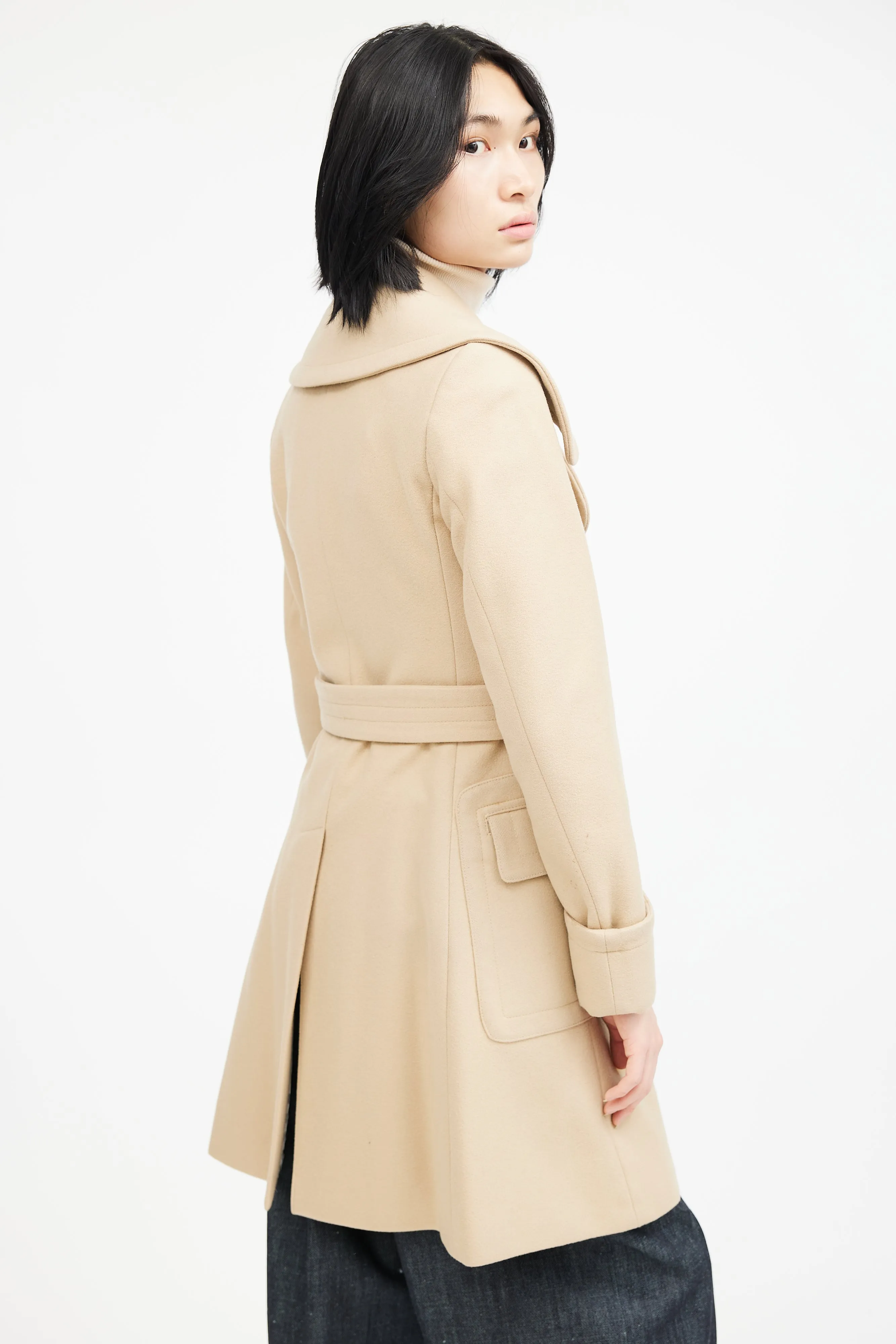 Beige Wool Belted Double Breasted Coat