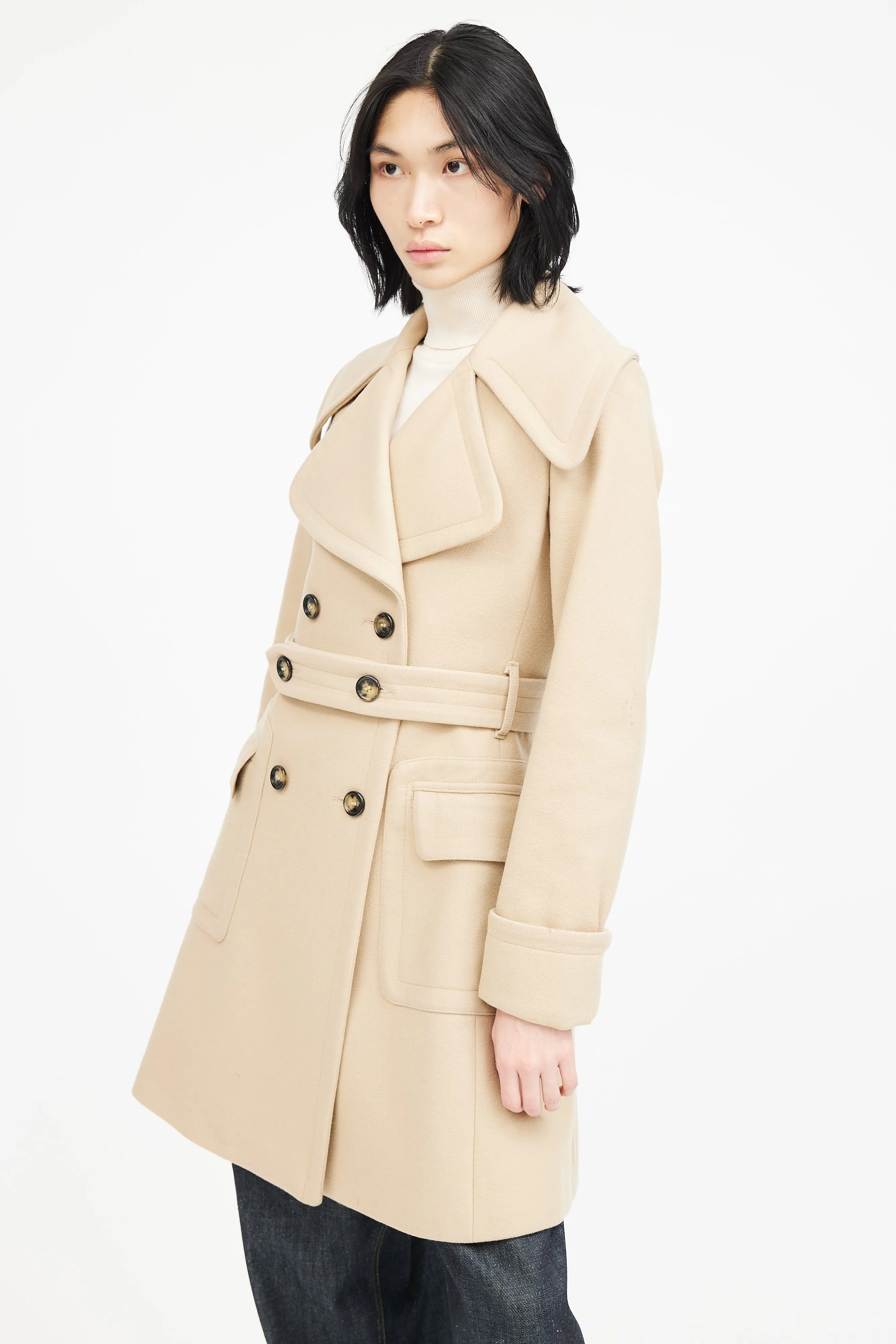 Beige Wool Belted Double Breasted Coat