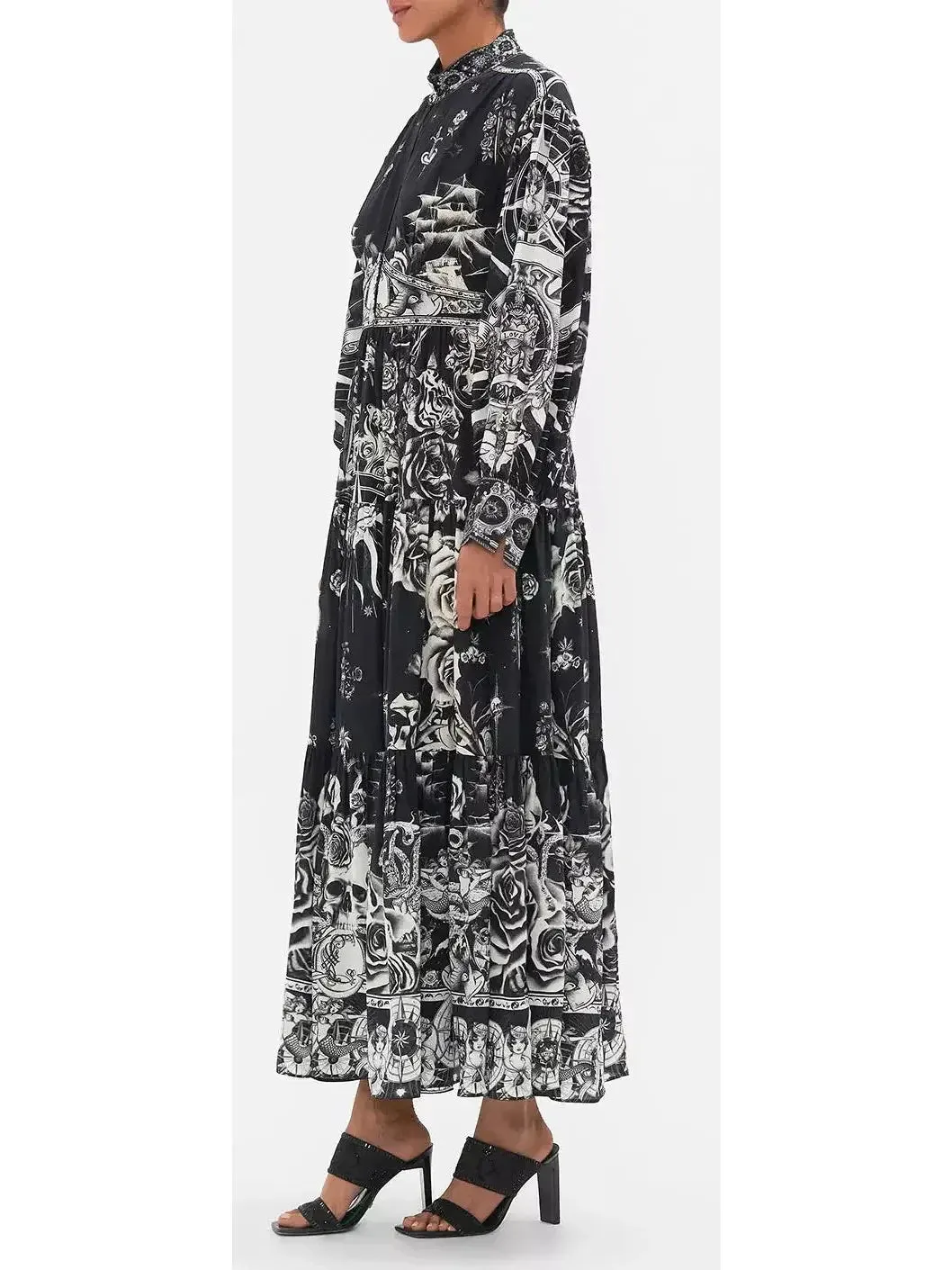 Black and White Tattoo Printed Silk Midi Dress