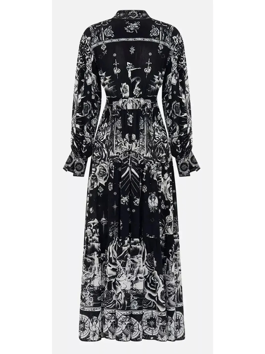 Black and White Tattoo Printed Silk Midi Dress