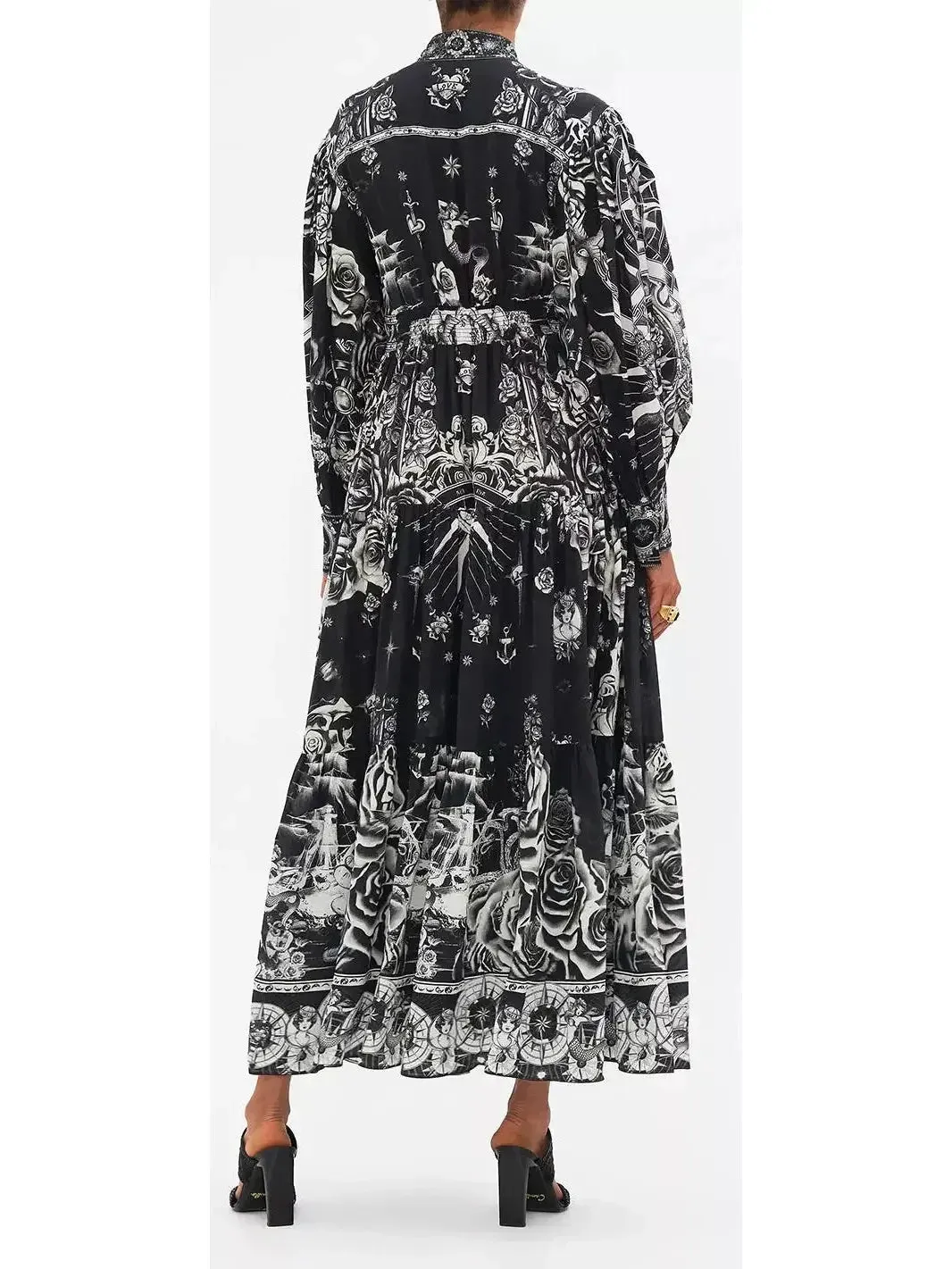 Black and White Tattoo Printed Silk Midi Dress