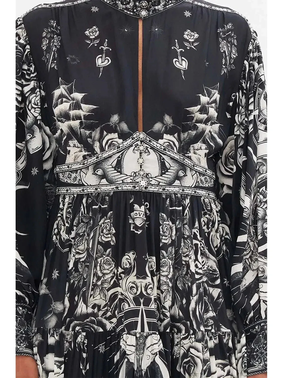 Black and White Tattoo Printed Silk Midi Dress