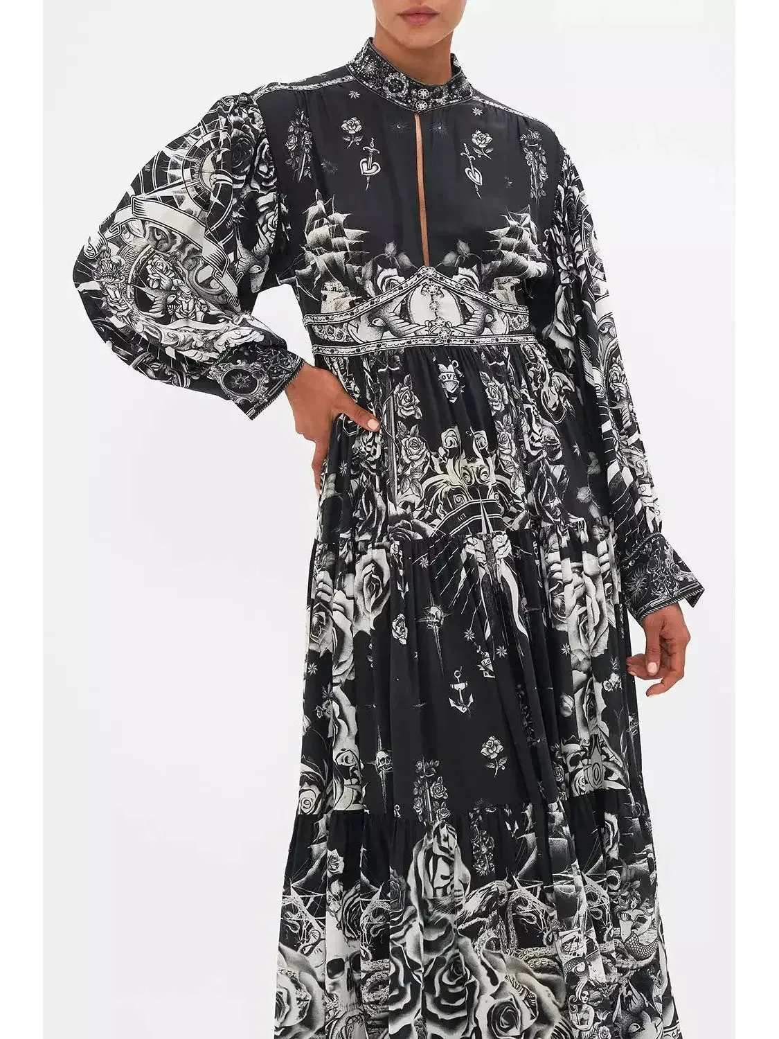 Black and White Tattoo Printed Silk Midi Dress