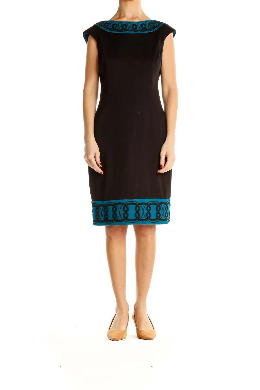 Black Teal-Trimmed Sheath Dress