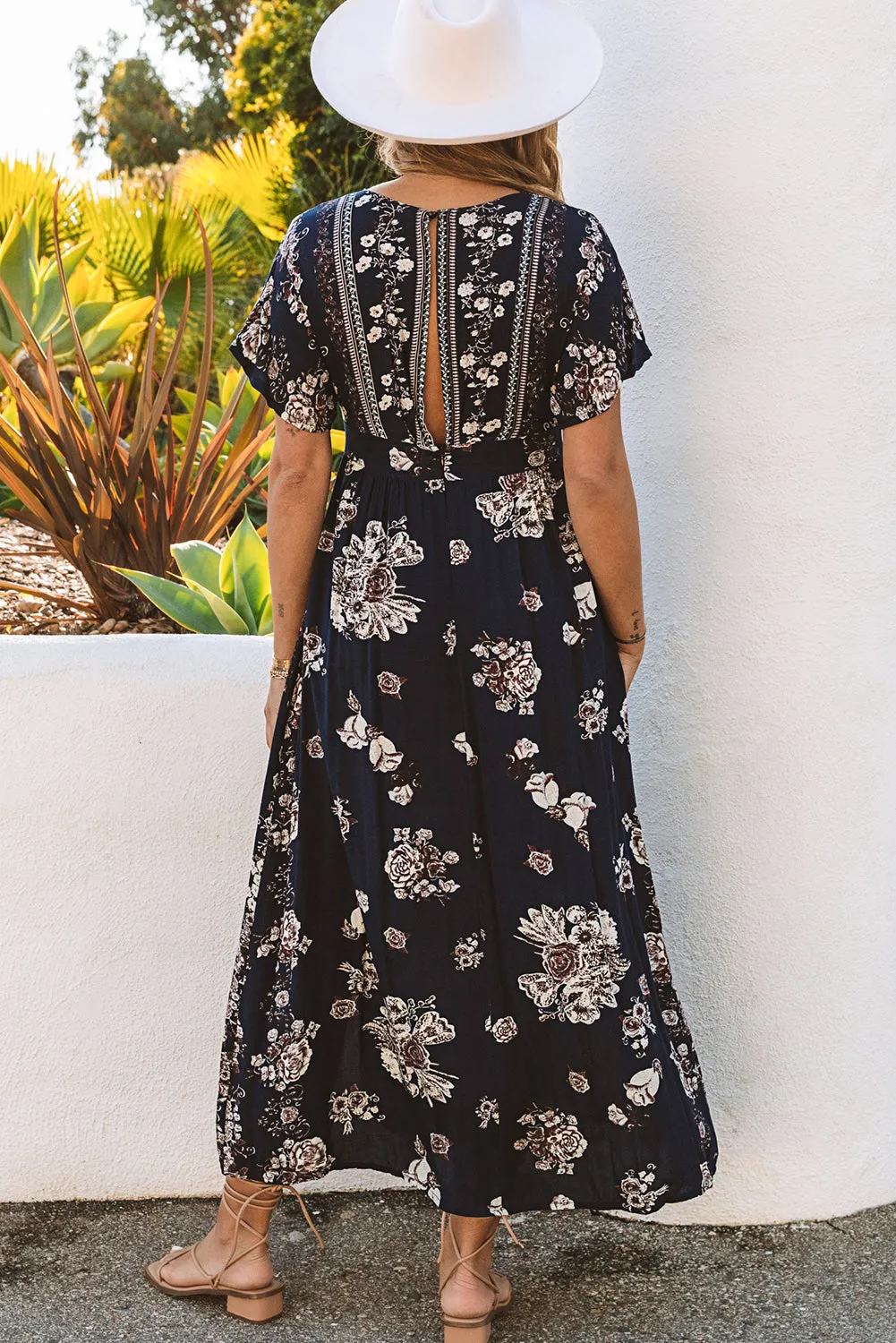 Blue V Neck Empire Waist Flower Long Dress with Double Slits