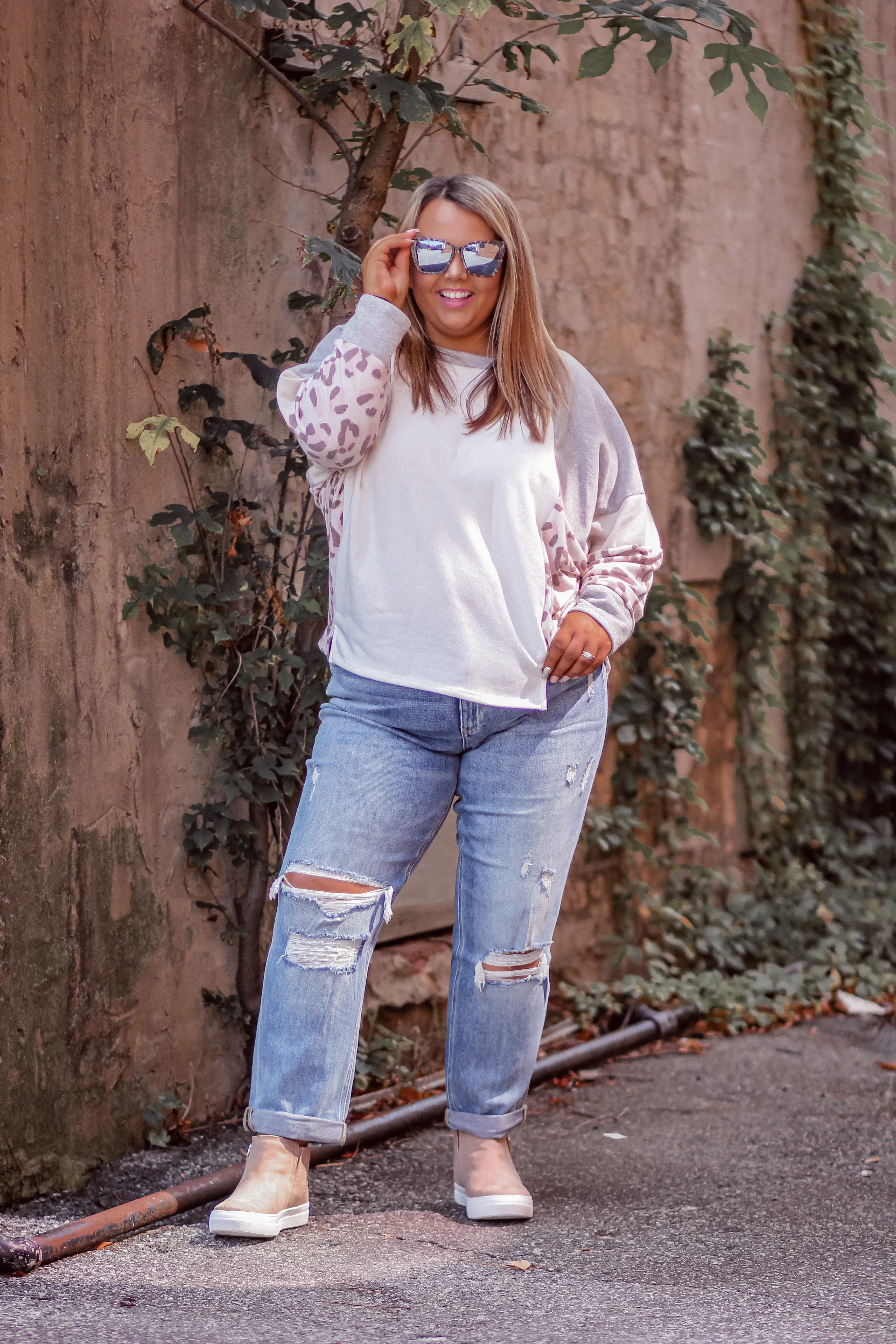 Curvy Ivory & Blush Leopard Colorblock Long sleeve Top