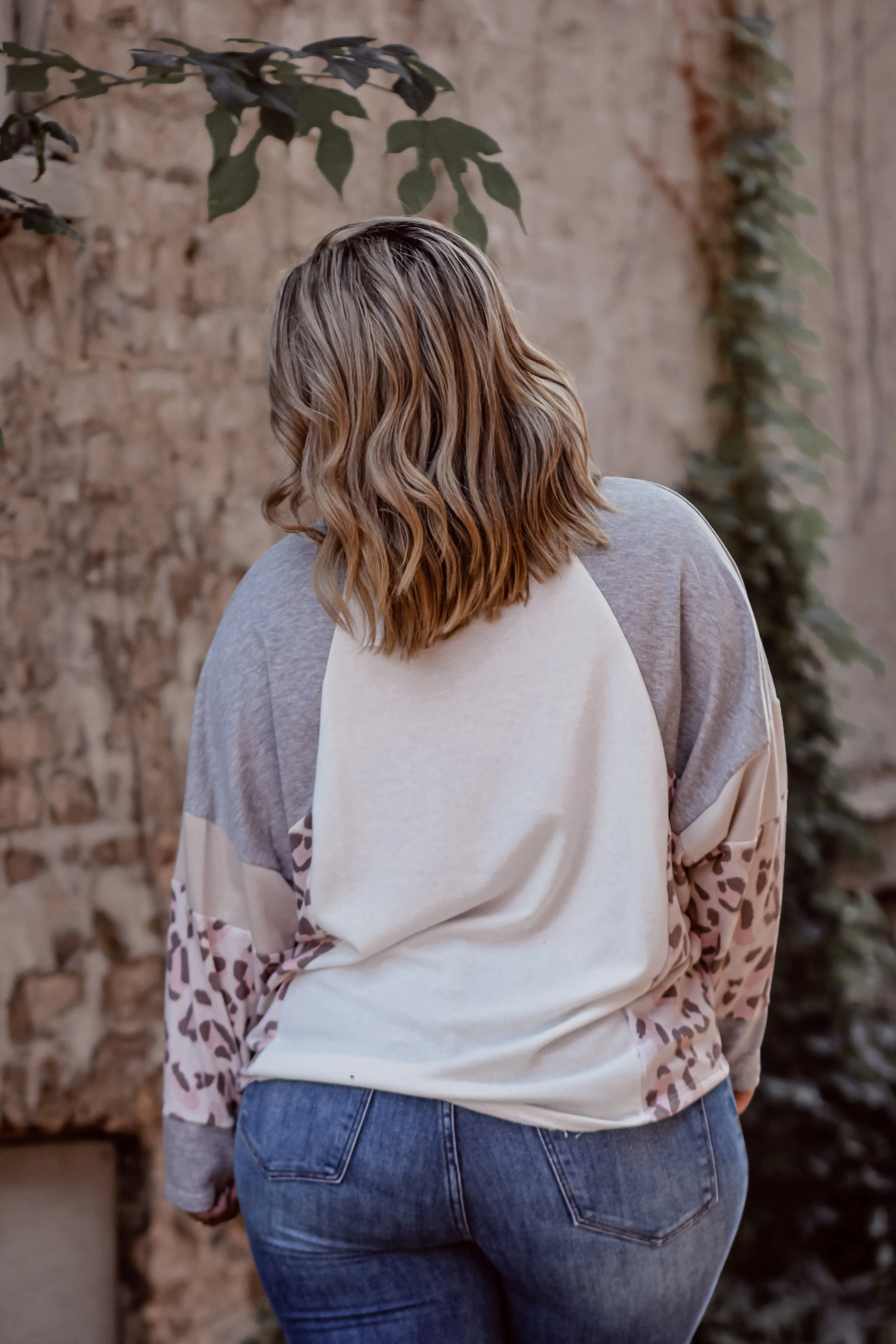Curvy Ivory & Blush Leopard Colorblock Long sleeve Top