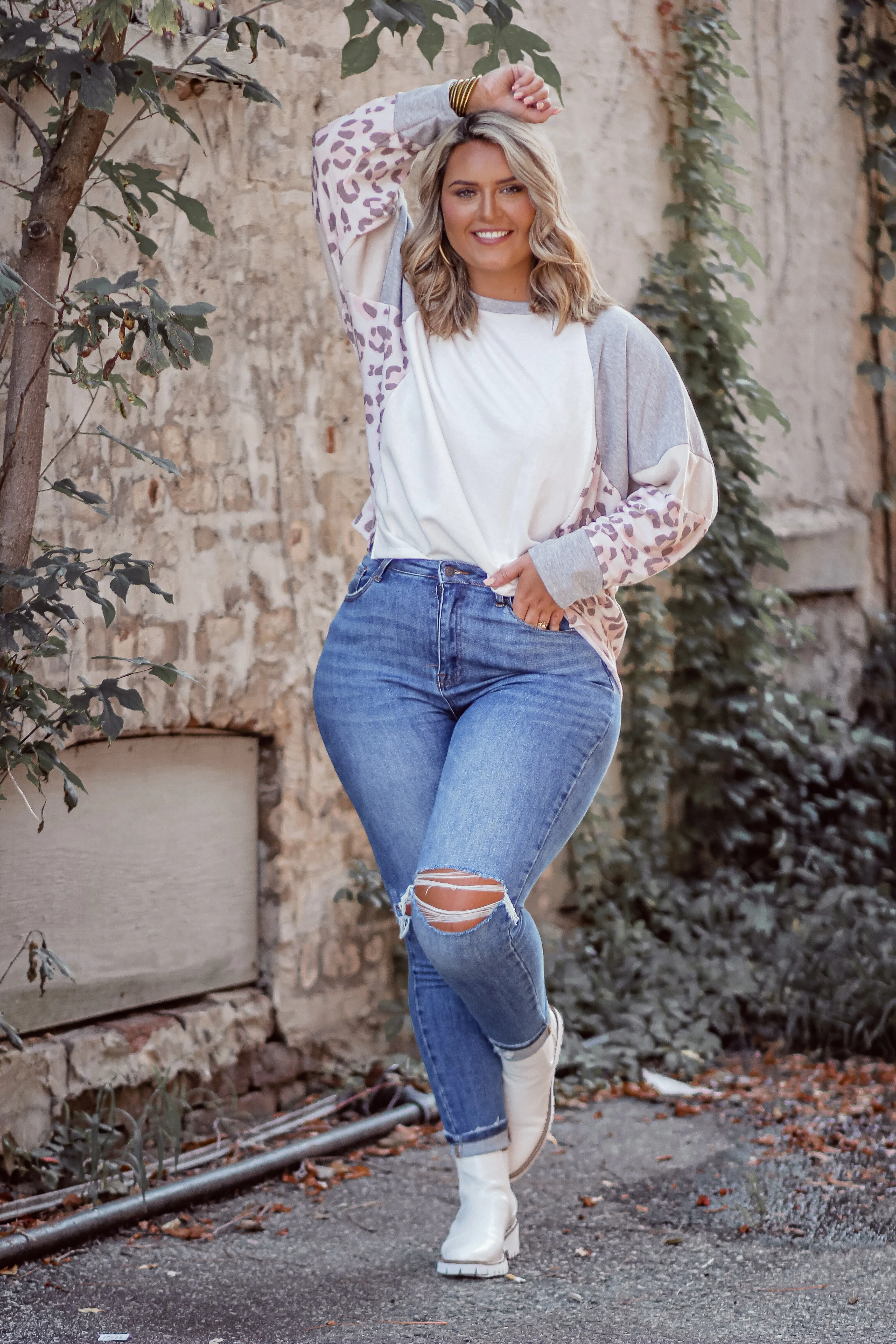 Curvy Ivory & Blush Leopard Colorblock Long sleeve Top