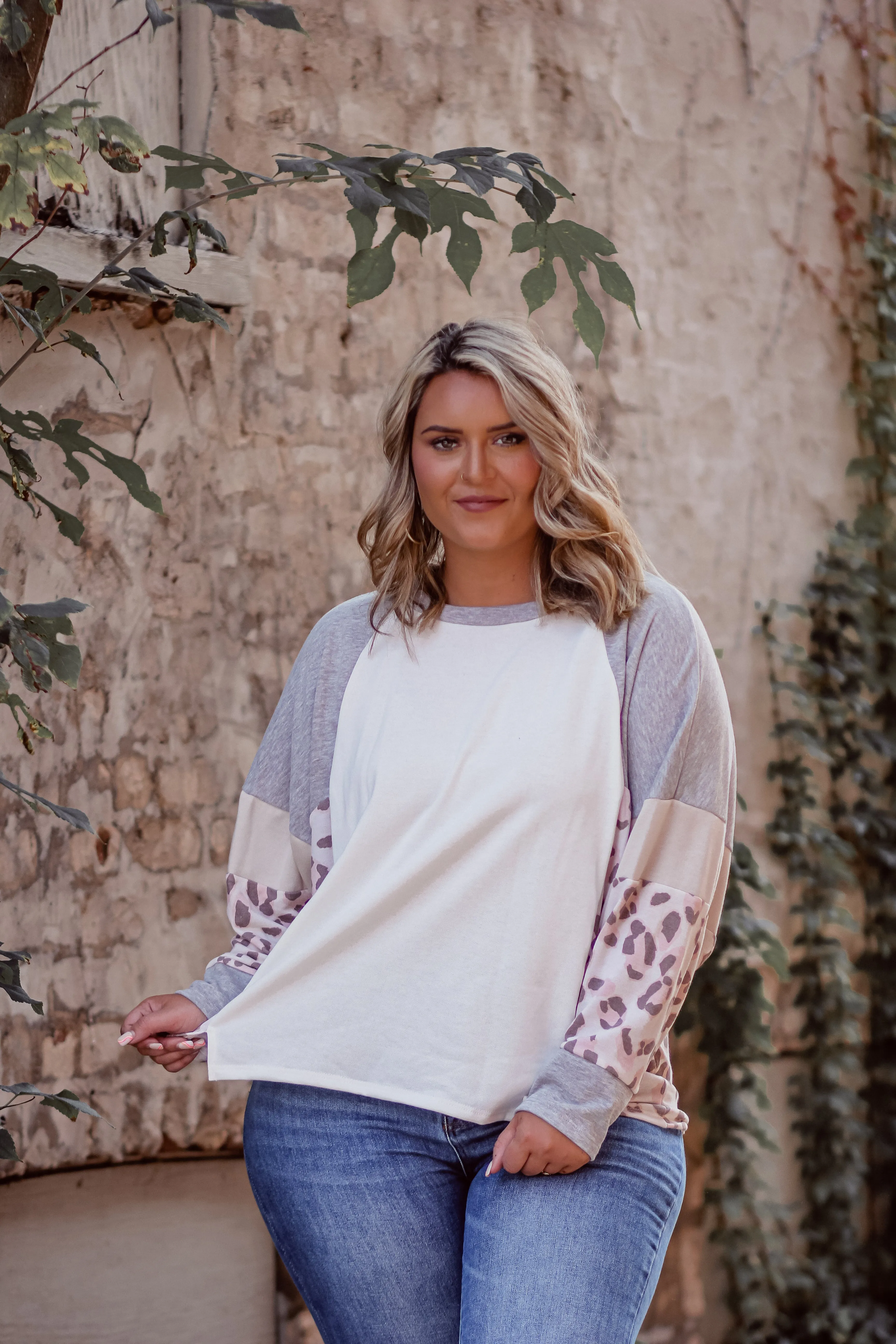 Curvy Ivory & Blush Leopard Colorblock Long sleeve Top