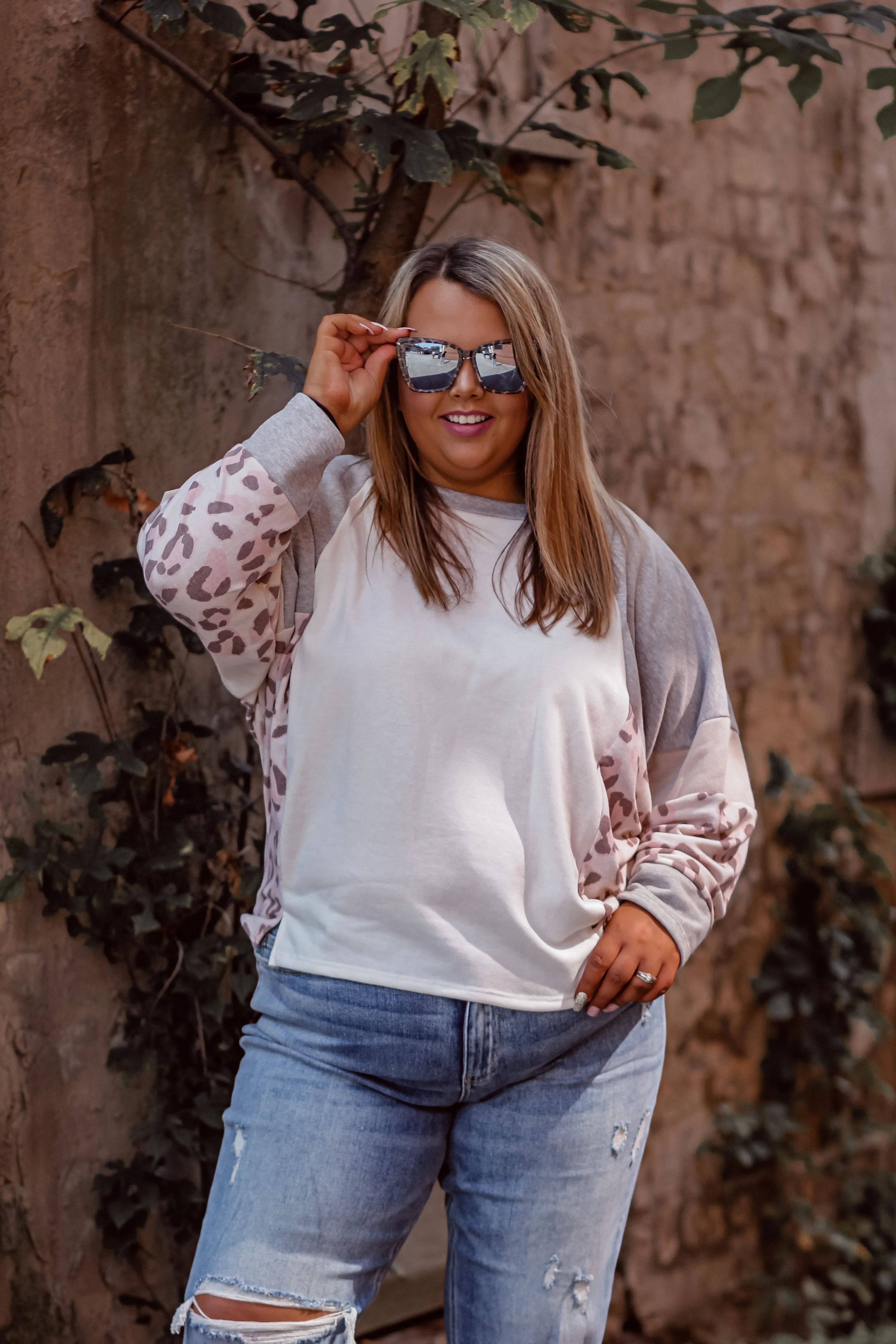 Curvy Ivory & Blush Leopard Colorblock Long sleeve Top