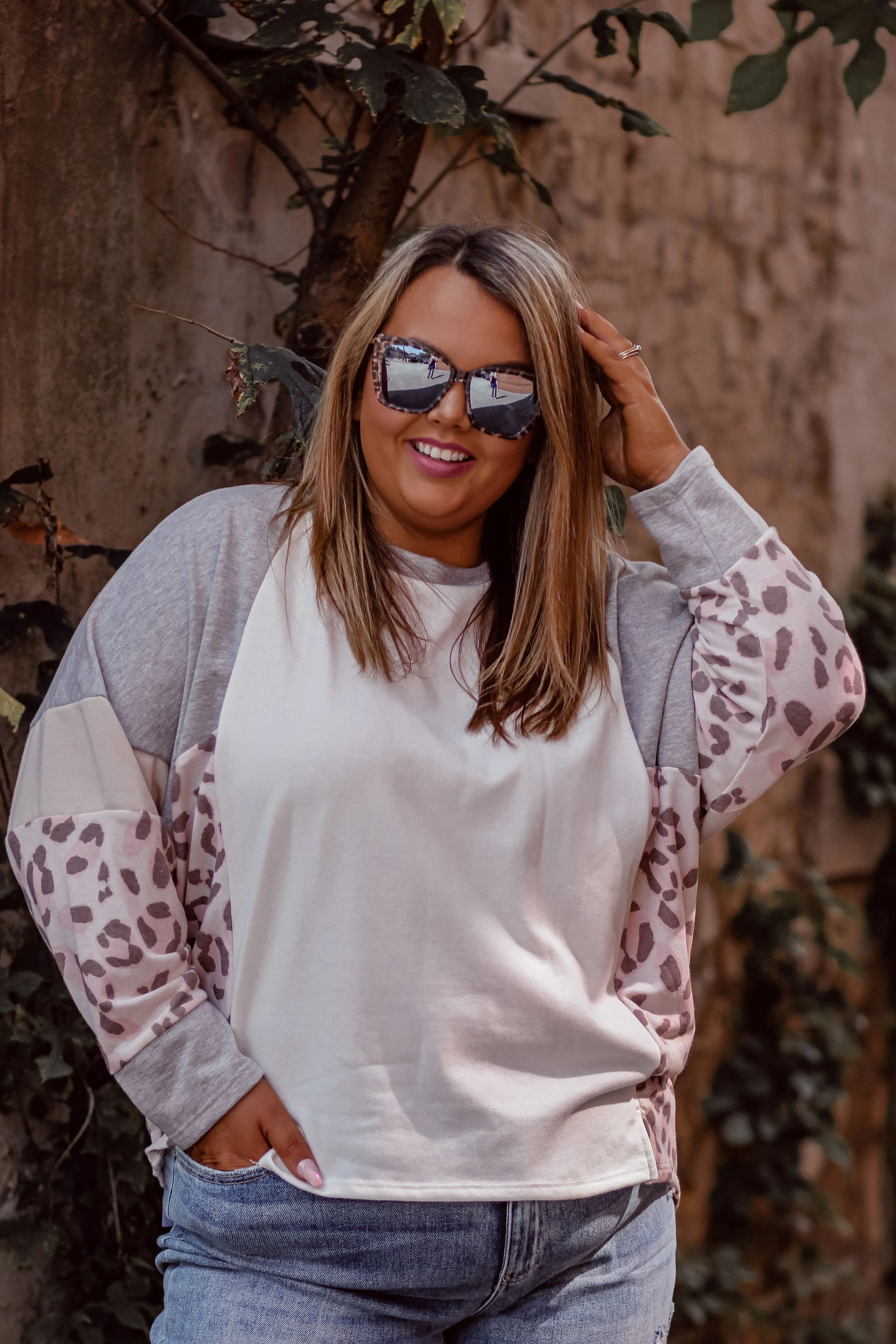 Curvy Ivory & Blush Leopard Colorblock Long sleeve Top