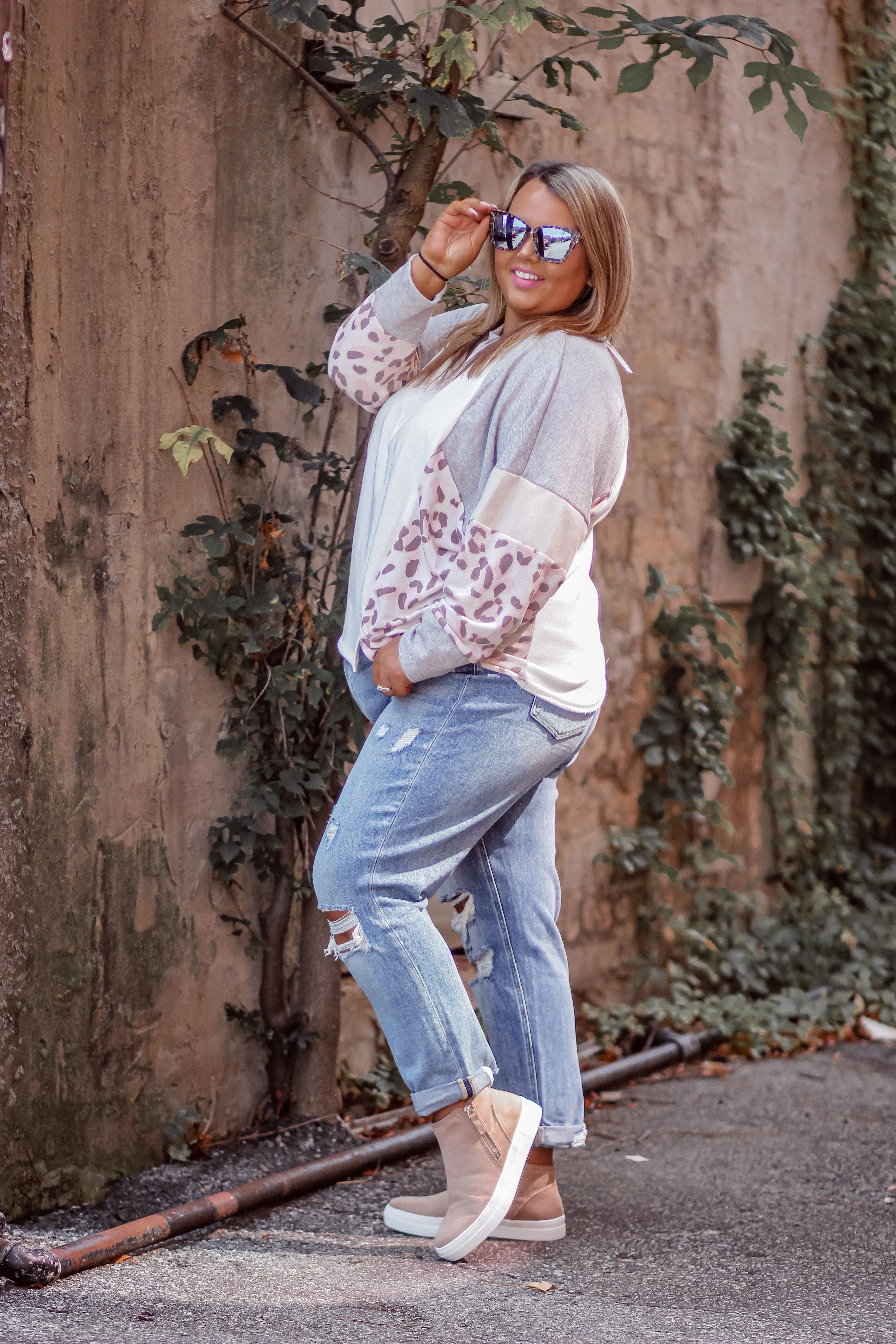 Curvy Ivory & Blush Leopard Colorblock Long sleeve Top