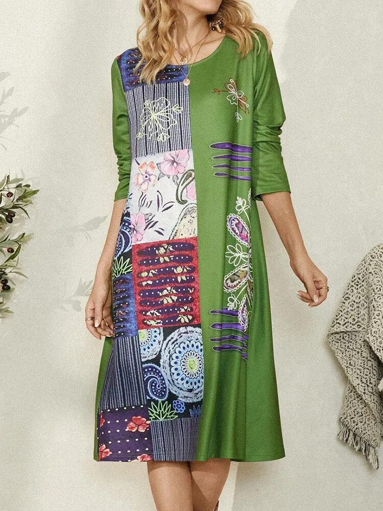 deanwangkt Ethnic Floral Print O-Neck Long Sleeve Vintage Midi Dress For Women