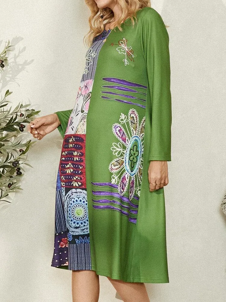 deanwangkt Ethnic Floral Print O-Neck Long Sleeve Vintage Midi Dress For Women