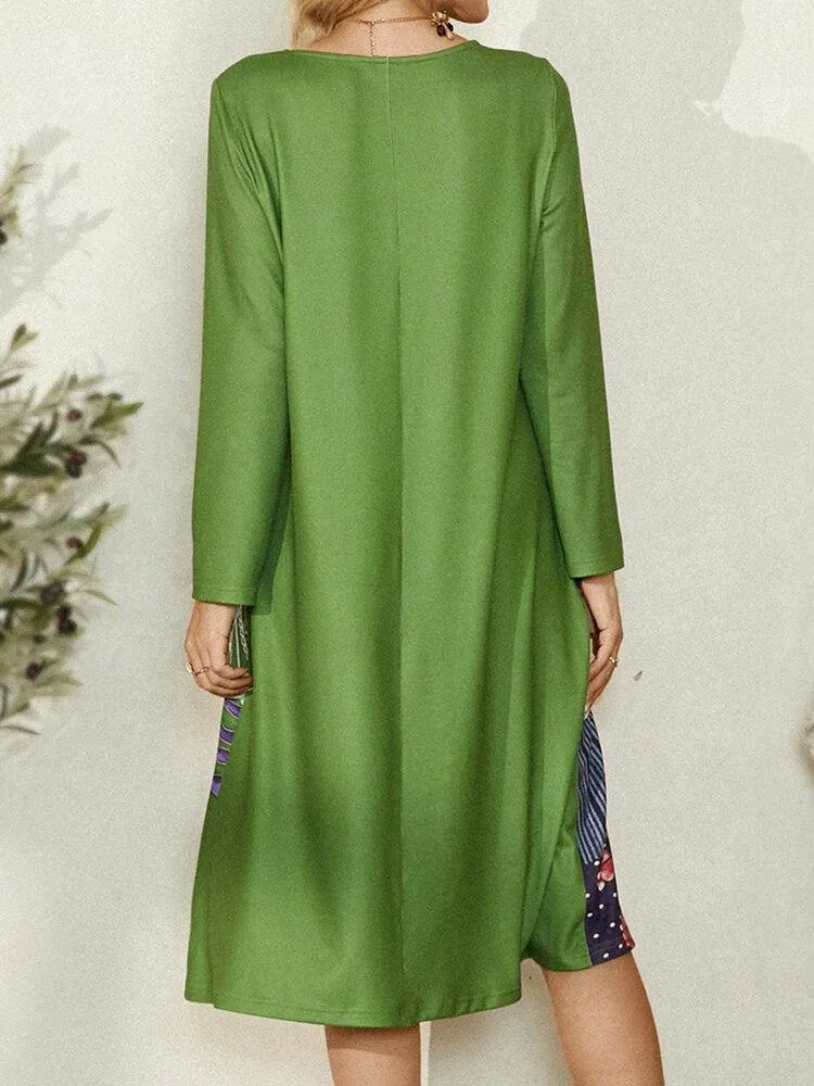 deanwangkt Ethnic Floral Print O-Neck Long Sleeve Vintage Midi Dress For Women