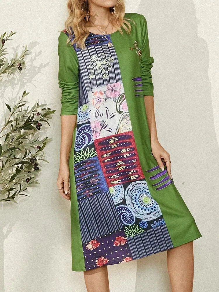 deanwangkt Ethnic Floral Print O-Neck Long Sleeve Vintage Midi Dress For Women