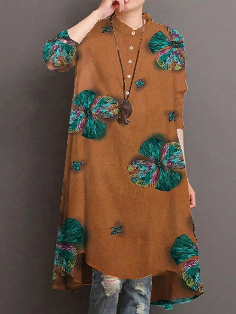 deanwangkt Women Cotton Button Vintage Print High-Low Hem Retro Shirt Dress