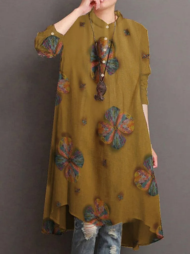 deanwangkt Women Cotton Button Vintage Print High-Low Hem Retro Shirt Dress