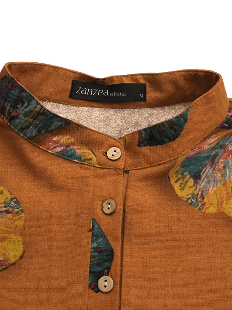 deanwangkt Women Cotton Button Vintage Print High-Low Hem Retro Shirt Dress