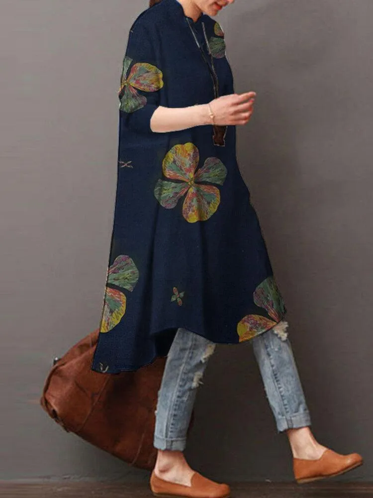 deanwangkt Women Cotton Button Vintage Print High-Low Hem Retro Shirt Dress