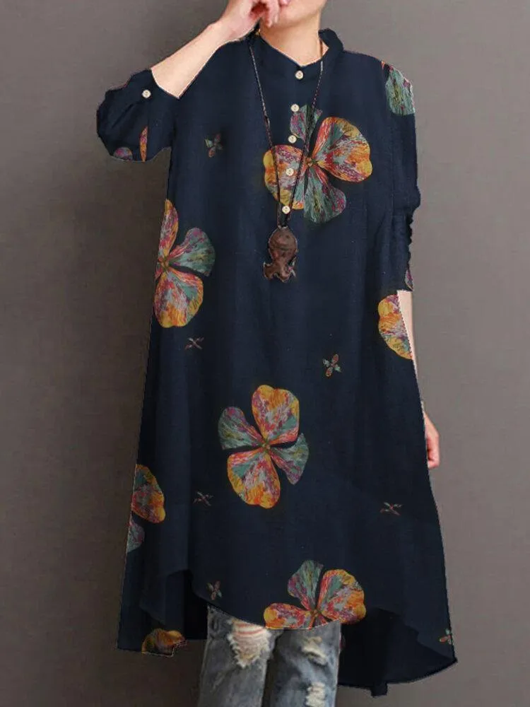 deanwangkt Women Cotton Button Vintage Print High-Low Hem Retro Shirt Dress