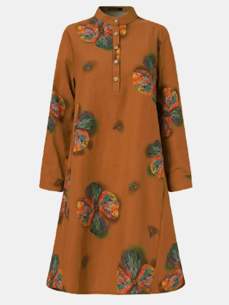 deanwangkt Women Cotton Button Vintage Print High-Low Hem Retro Shirt Dress