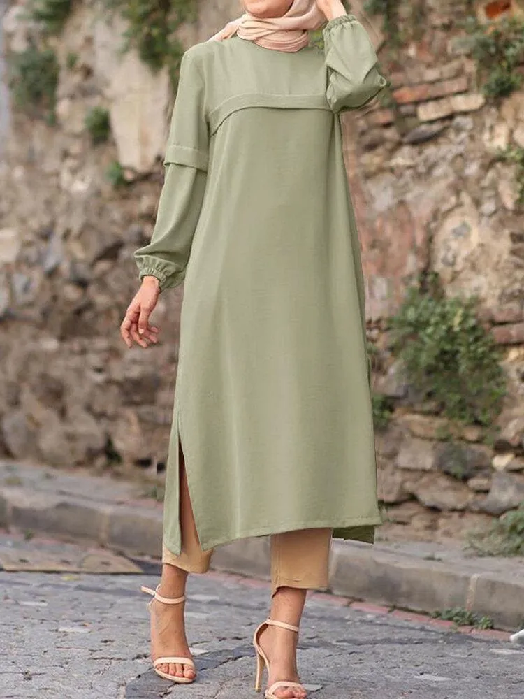 deanwangkt Women Solid Color Puff Sleeves Side Silt Elastic Cuffs O-Neck Casual Midi Dress