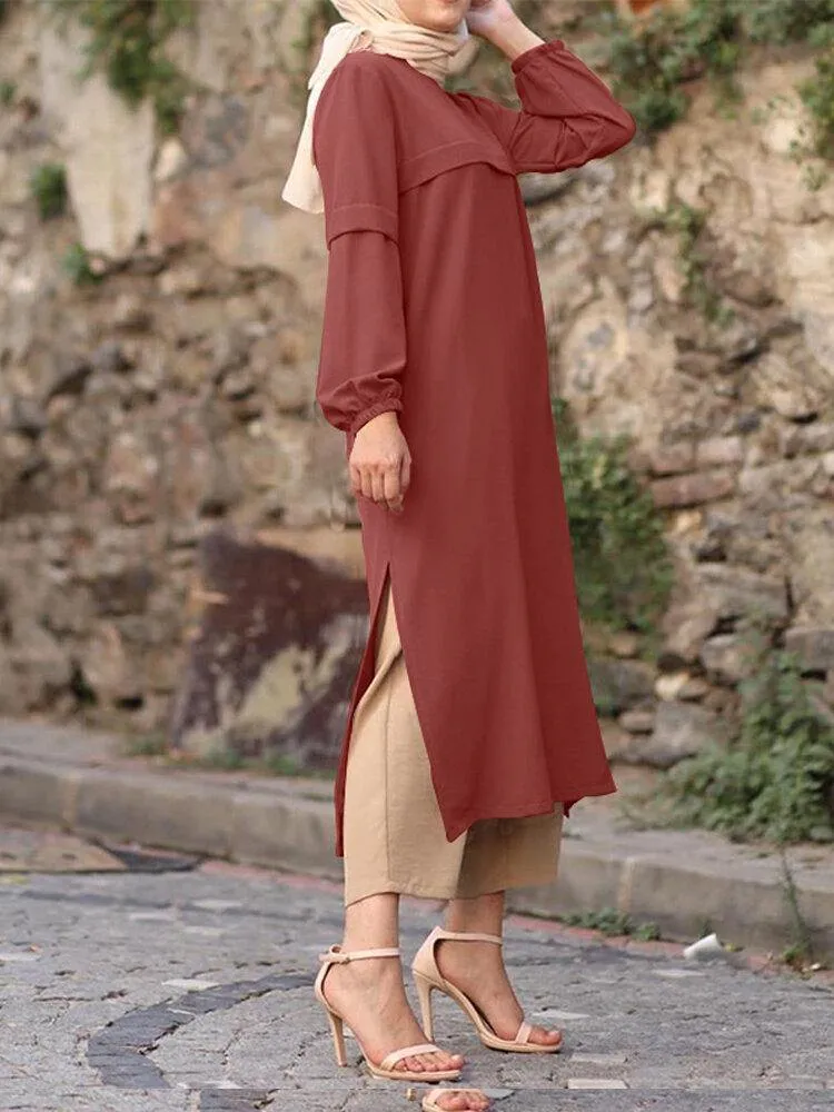deanwangkt Women Solid Color Puff Sleeves Side Silt Elastic Cuffs O-Neck Casual Midi Dress